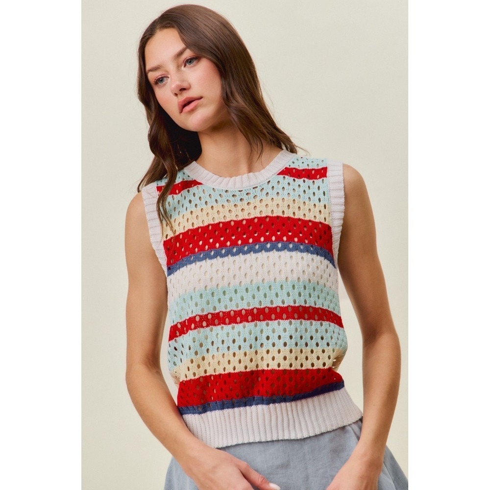 SO ME Tie Back Multi Stripe Sweater Knit Tank‎ Top - Medium